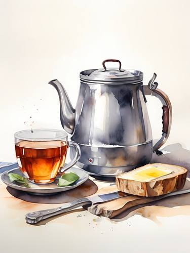 Serenity in Simplicity: Aluminum Kettle, tea, bread and butter, thumb