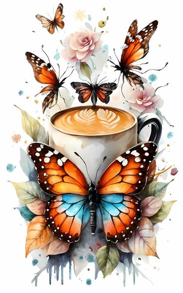 Fluttering bliss: A coffee cup oasis, Coffee shop wall art, thumb