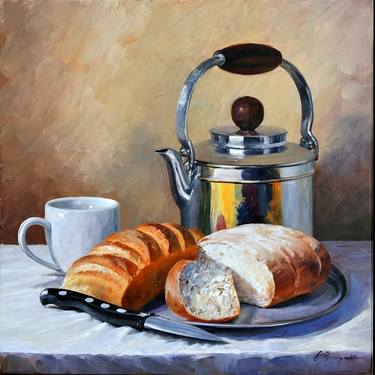 Elegance in simplicity: Aluminum kettle and bread, Kitchen art, thumb