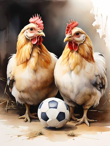 Rivalry on the pitch: Dueling roosters with soccer ball thumb