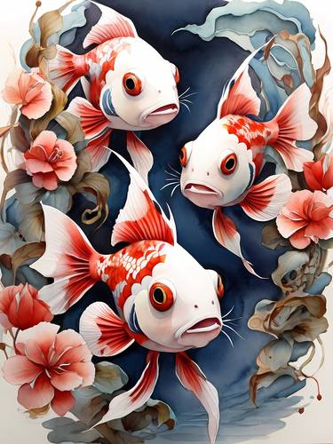 Harmony in Sakura waters: Japanese fish amidst floral splendor, thumb
