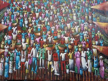 African bazaar painting, African art for collectors, Large oil painting thumb