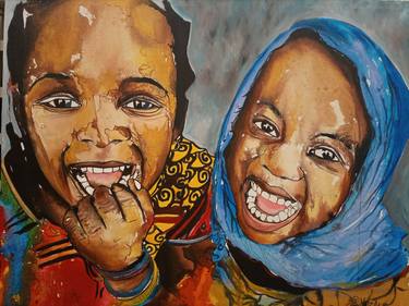 Laughing children painting, African painting canvas large, Acrylic painting, African art thumb