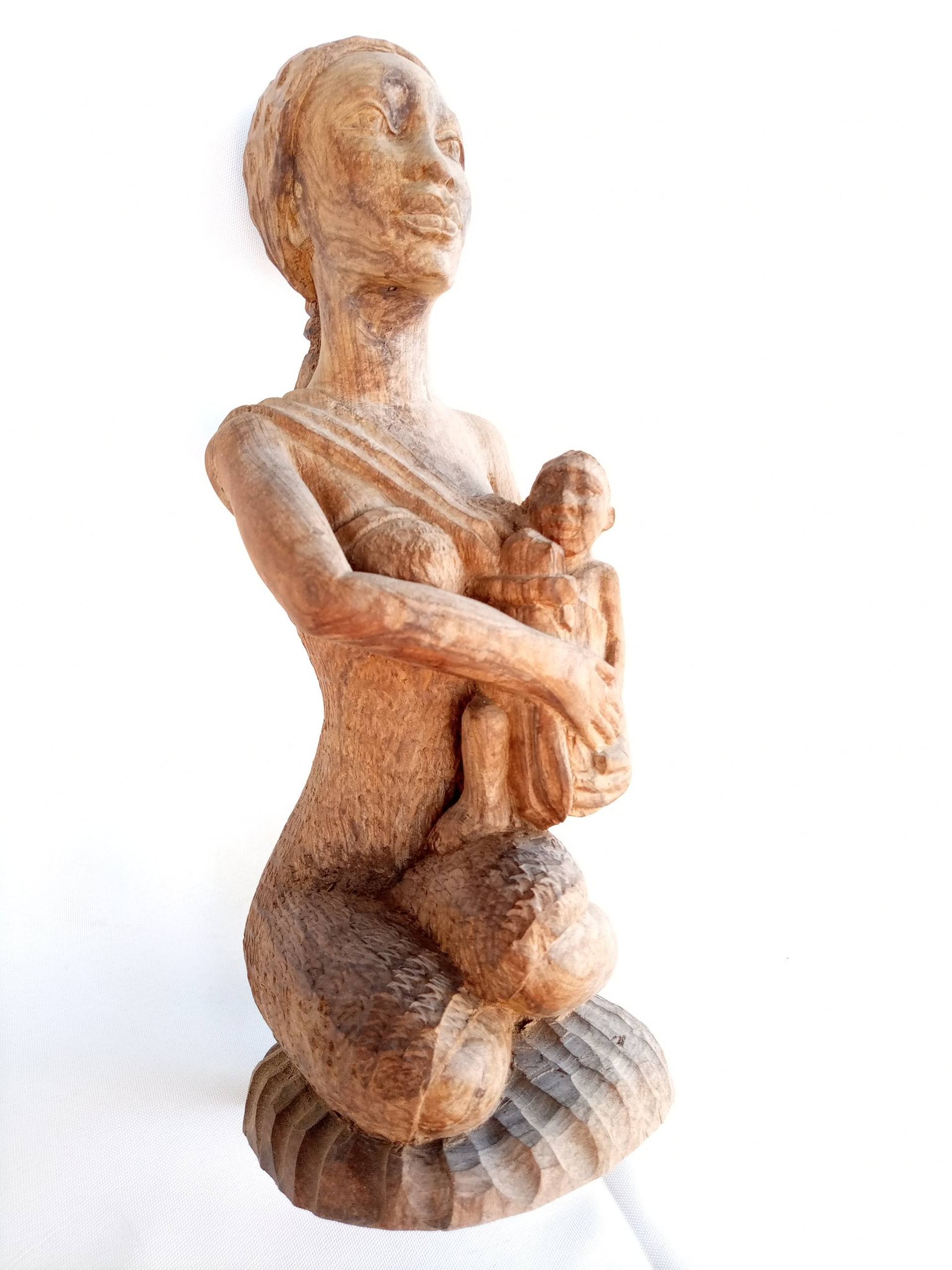 Mother and Child Figurine, Handmade Wood Figurine, West Africa Folk Sculpture, Baby store Shower Gifts, Maternity Art, Sitting Madonna with Baby