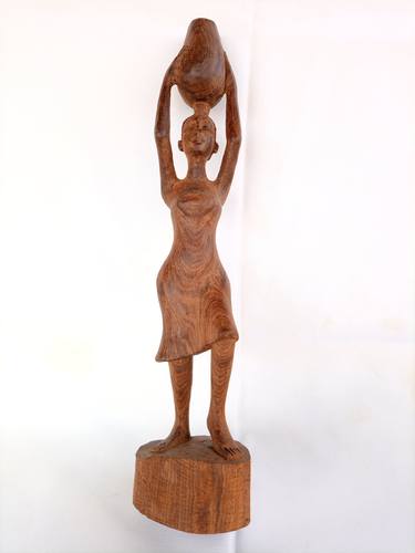 WOMAN CARRYING ON HEAD WATER POT STATUE, AFRICAN CARVINGS, AFRICAN thumb