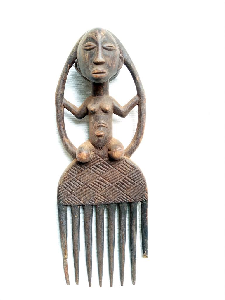 African tribal comb,Luba comb,Fertility figure,African art,Wood - Print