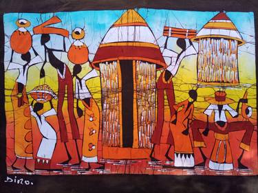 Village people, African batik painting thumb