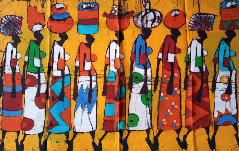 African rural women and water pots Painting by Jafeth Moiane | Saatchi Art