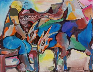 Original Figurative Cows Paintings by Jafeth Moiane