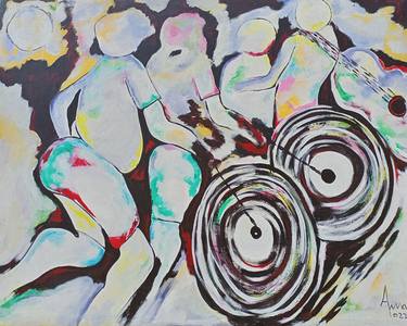 Children playing with car wheels painting, Abstract wall art thumb
