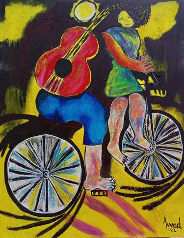 Lovers walking by bicycle painting, Abstract art thumb
