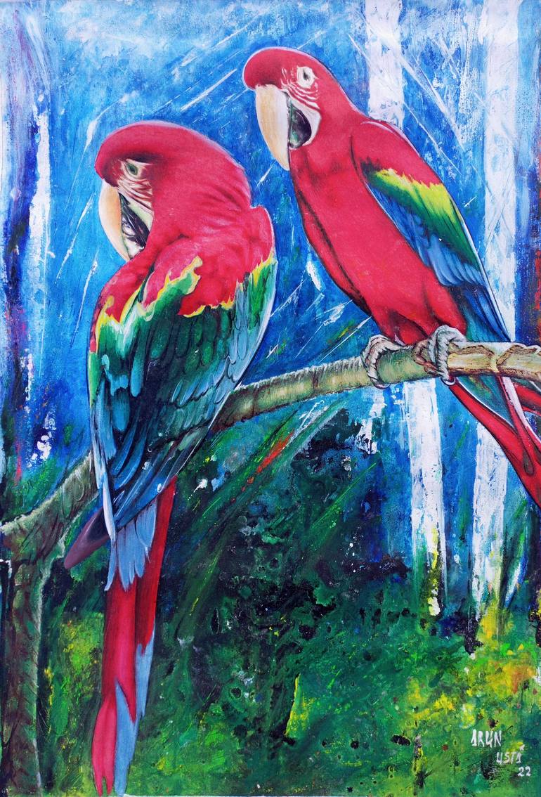 Modern Acrylic Painting, Abstract Landscape Painting, Love Birds Painting,  Bedroom Canvas Painting, Acrylic Landscape Painting, C