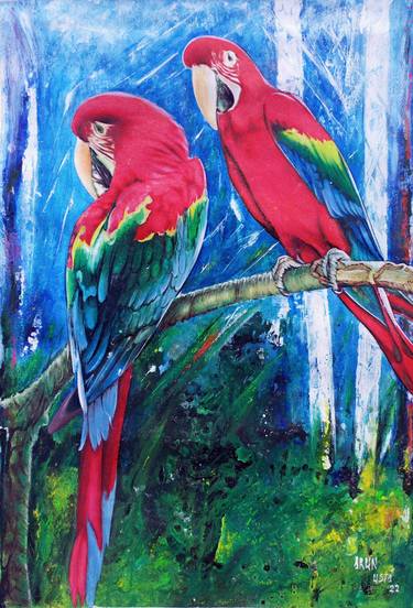 Parrots painting on canvas, Love birds painting, Love parrots thumb