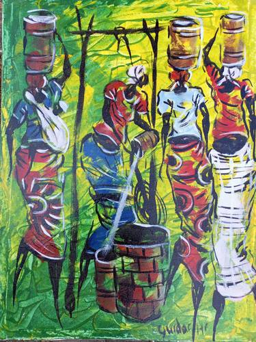 African women carrying water from well painting, African woman thumb