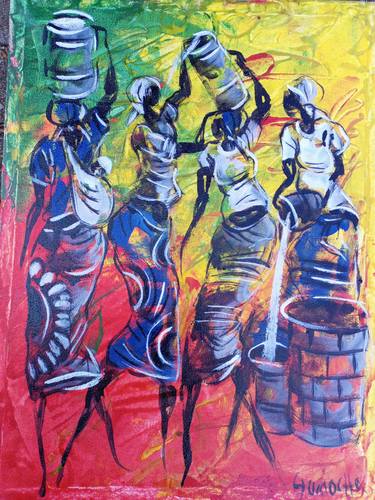 African women getting water from well painting, African wall art thumb