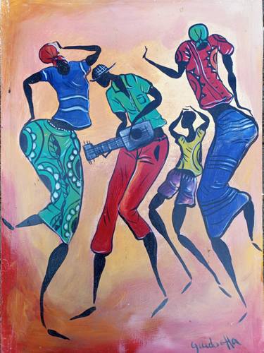 African rural people dancing painting, African wall art, Africa thumb