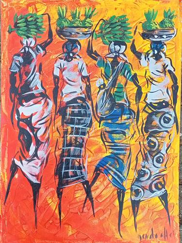 Painting of african women carrying fruit on head, Artwork thumb