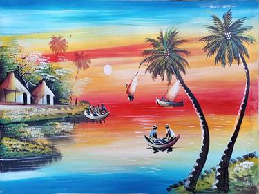Landscape painting, African fisherman painting, Nature thumb