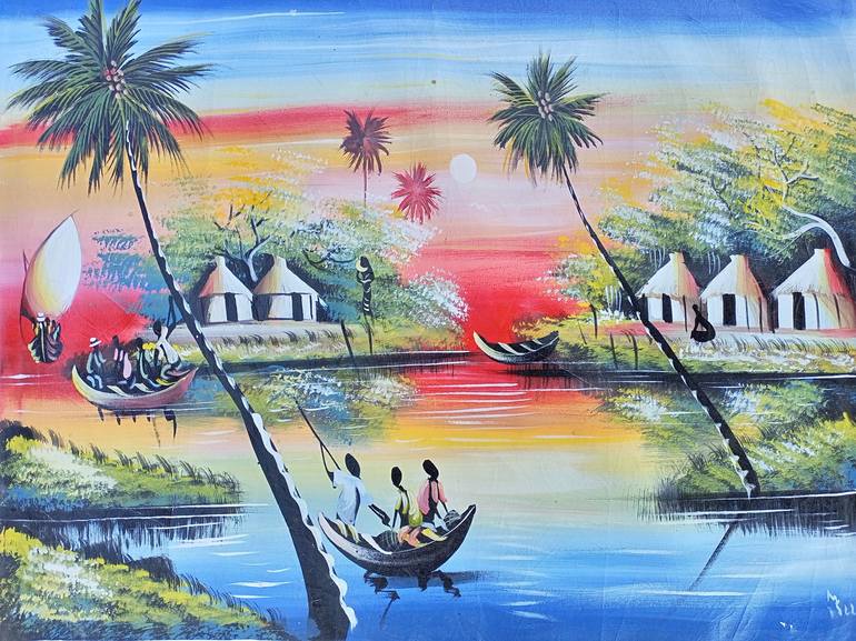 Fishing canvas, Abstract art online, Wall art, Landscape Painting by Jafeth  Moiane