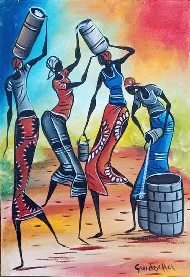 African women carrying water from well painting, African art thumb