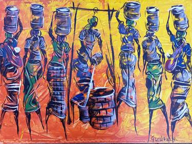 Painting of African women carrying water from well, Africa art thumb
