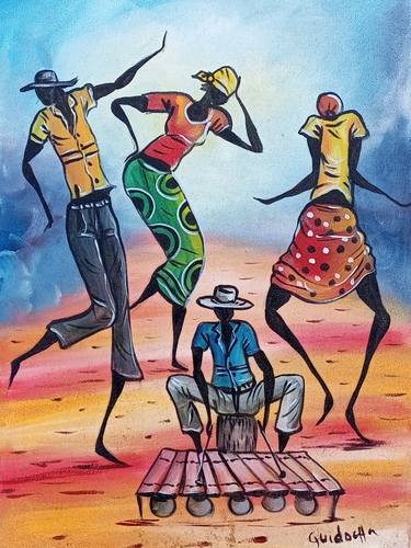 African musician and dancers painting, Africa art, Marimba music thumb