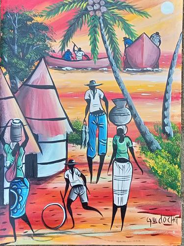 Village people daily life painting, African canvas, African thumb