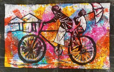 The women and bicycle, Paintings for living room, Women art thumb