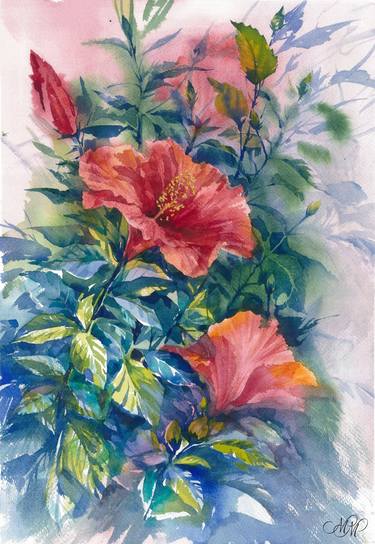 “Hibiscus flowers” watercolor painting thumb