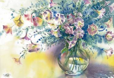 "Petunias flowers in a vase" watercolor painting thumb