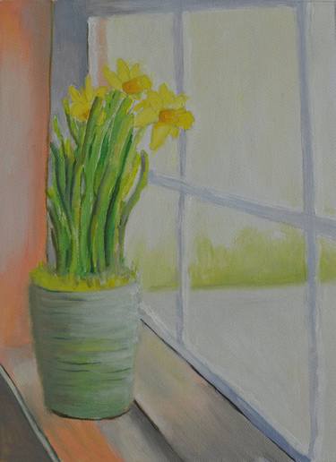 Daffodil flower pot by the window - Oil painting done on canvas thumb
