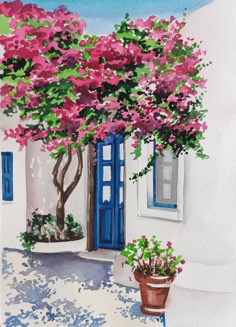 Greek landscape. watercolor painting. Landscape with flowers. Greece  hand-drawn Painting by Polina Putintseva