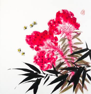 Celosia and bamboo  - Oriental Chinese Ink thumb