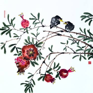 Two birds on a pomegranate branch - Oriental Chinese Ink Painting thumb