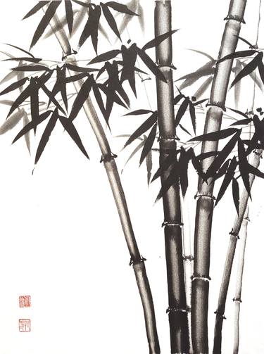 Six bamboo trunks - Original Chinese Brush Painting on Rice Xuan Paper thumb