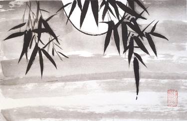 Bamboo on the background of the moon - Oriental Chinese Ink Painting thumb