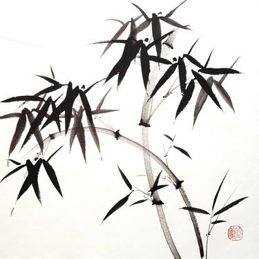 Two intersecting bamboo trunks - Oriental Chinese Ink Painting thumb