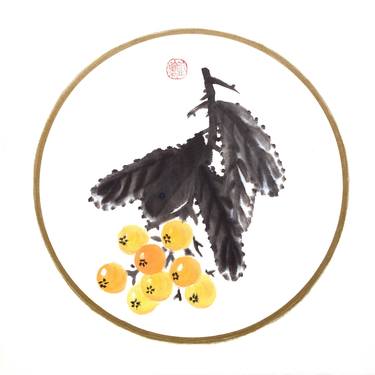 Branch of juicy loquat in a circle  - Oriental Chinese Ink Painting thumb