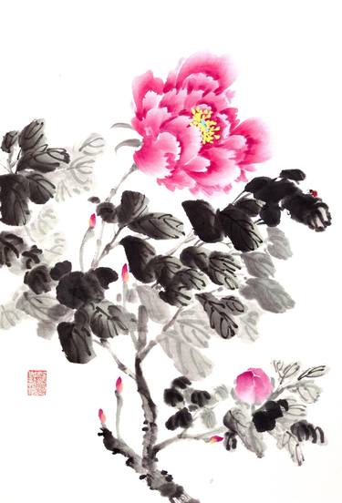 Red peony and ladybug - Oriental Chinese Ink Painting thumb