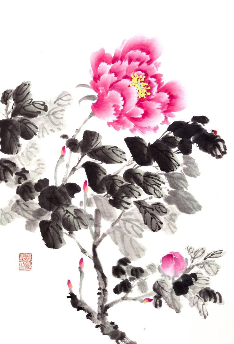 Red peony and ladybug - Oriental Chinese Ink Painting Painting by Ilana ...