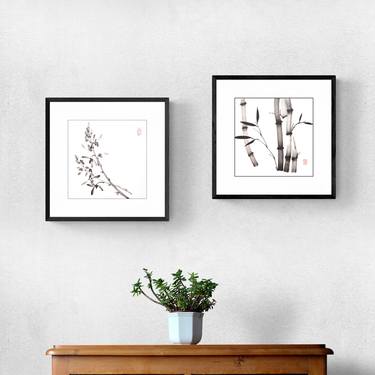 Black & White, clean and simple picture with delicate orchid and strong bamboo, Set of 2 paintings - Diptych - Oriental Chinese Ink Painting thumb