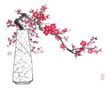 Red plum in a vase - Oriental Chinese Ink Painting thumb