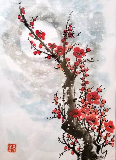 Plum blossoms on a moonlight frosty night - Oriental Chinese Ink thumb