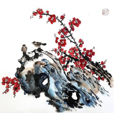Two sparrows on the blue stone - Oriental Chinese Ink thumb
