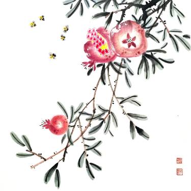 Three pomegranates and bees - riental Chinese Ink Painting thumb