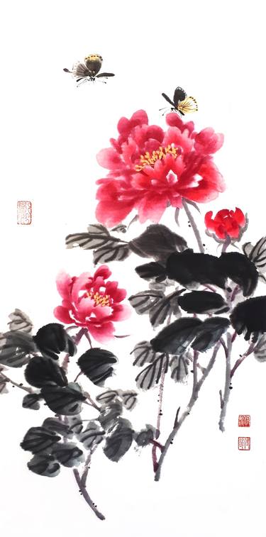 Peony and butterflies - Oriental Chinese Ink thumb