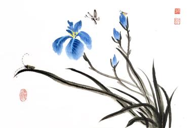 Blue irises and others insects - Oriental Chinese Ink thumb