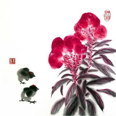 Celosia, two chicks and ladybug  - Oriental Chinese Ink thumb