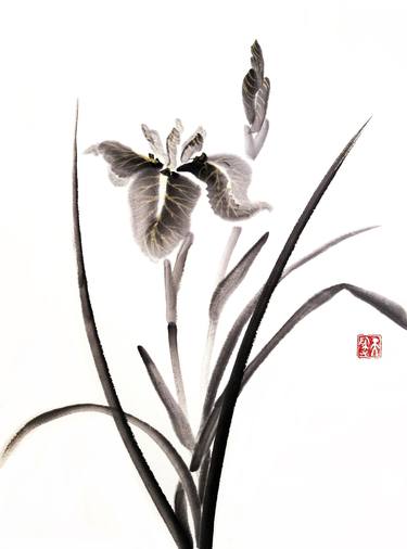 Black Monochromatic Ink Iris - Oriental Chinese Ink thumb