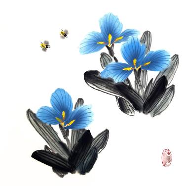 Blue sky irises and honey bees  - Oriental Chinese Ink thumb